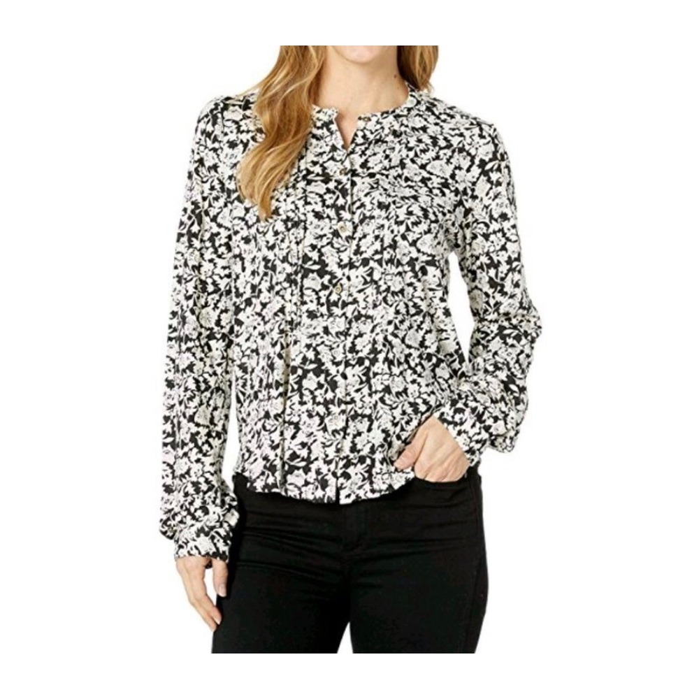 Lucky Brand Women's pintuck Button Up Black White Floral Cotton Top size S